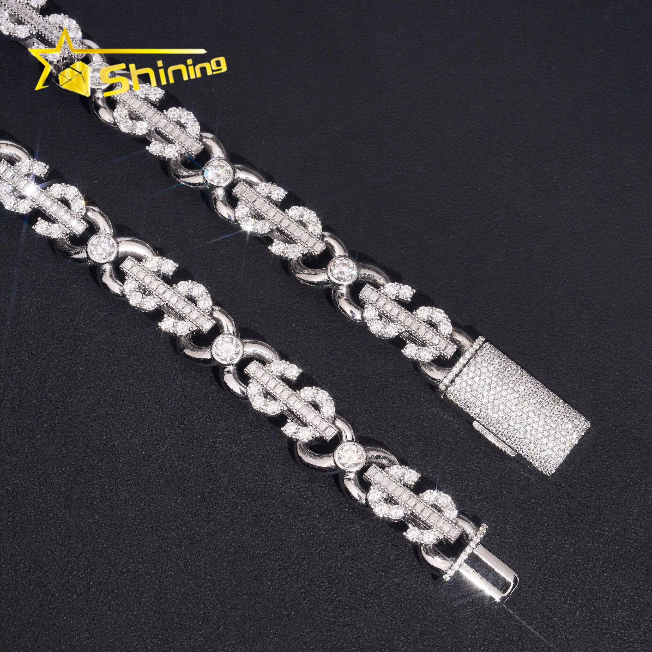 New Design Dollar Sign Necklace VVS Iced Out Baguette Moissanite Pass Diamond Test 925 Silver Gold Hip Hop Cuban Link Chain