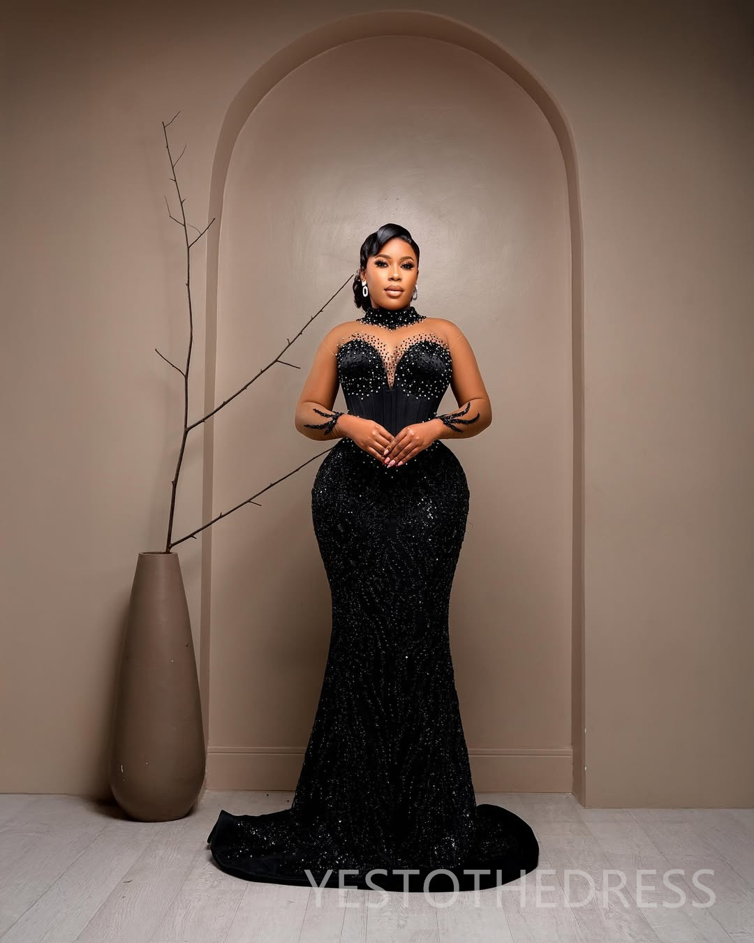 2025 Plus Size Black Prom Dresses For Black Women Formal Gowns Beaded Sequined Lace High Neck Illusion Crystals Long Sleeves Birthday Second Reception
