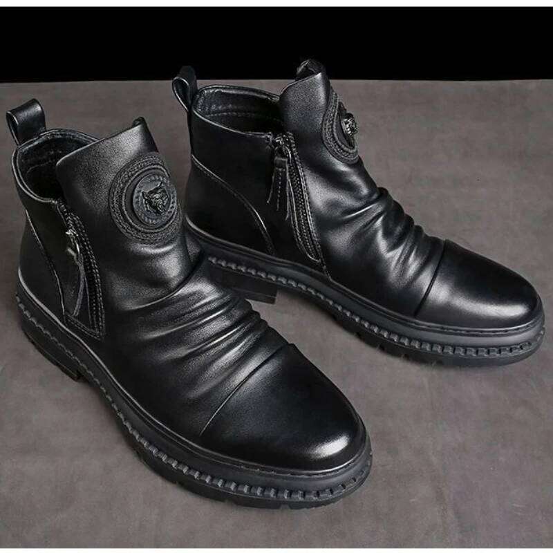 Men's Motorcycle Leather British Style Round Head High Top Shoes Side Zip Walking Casual Platform Boots Bota Masculina