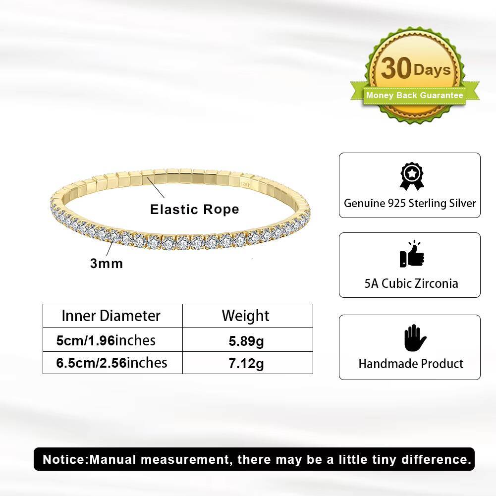 RINNTIN SB217 Rhodium Plated 925 Sterling Silver 3mm Moissaniteia Stretchy Chain Bracelet for Women Tennis Bracelet Jewelry