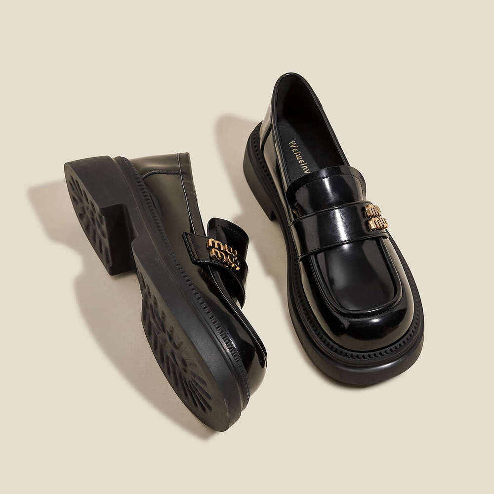 Weiwei Girl 969-5 Thick-Soled Loafers for Women, Slip-On British Style, Small Leather with Chunky Heels, Black Single Shoes