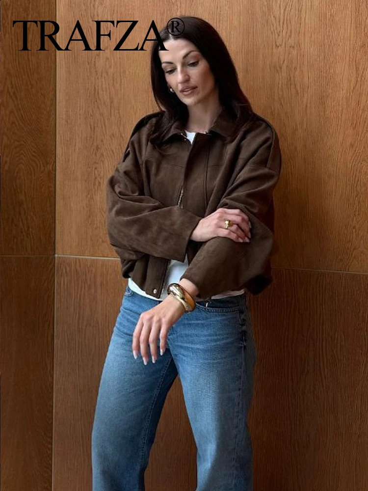 TRAFZA Vintage Womens Suede Texture Bomber Jacket Autumn Lapel Zipper Long Sleeve Oversize Female High Street Outerwear 250923