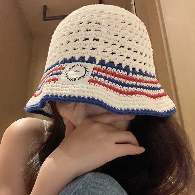 Korean Version Contra Striped Knitted Fisherman Hat Versatile Hollow Breathable Hand Woven Yarn Hat Y250920