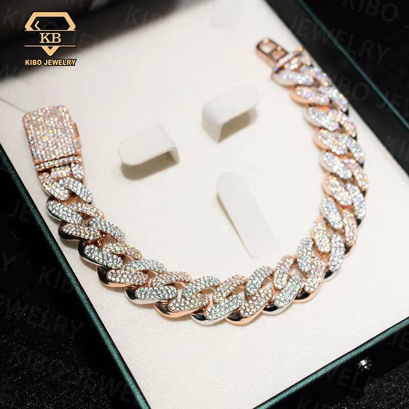 Two Tone 14K Rose Gold White Gold Plated Silver 925 Moissanite Diamond Hip Hop 14MM Cuban Bracelet Customized Trend Moissanite Jewelry