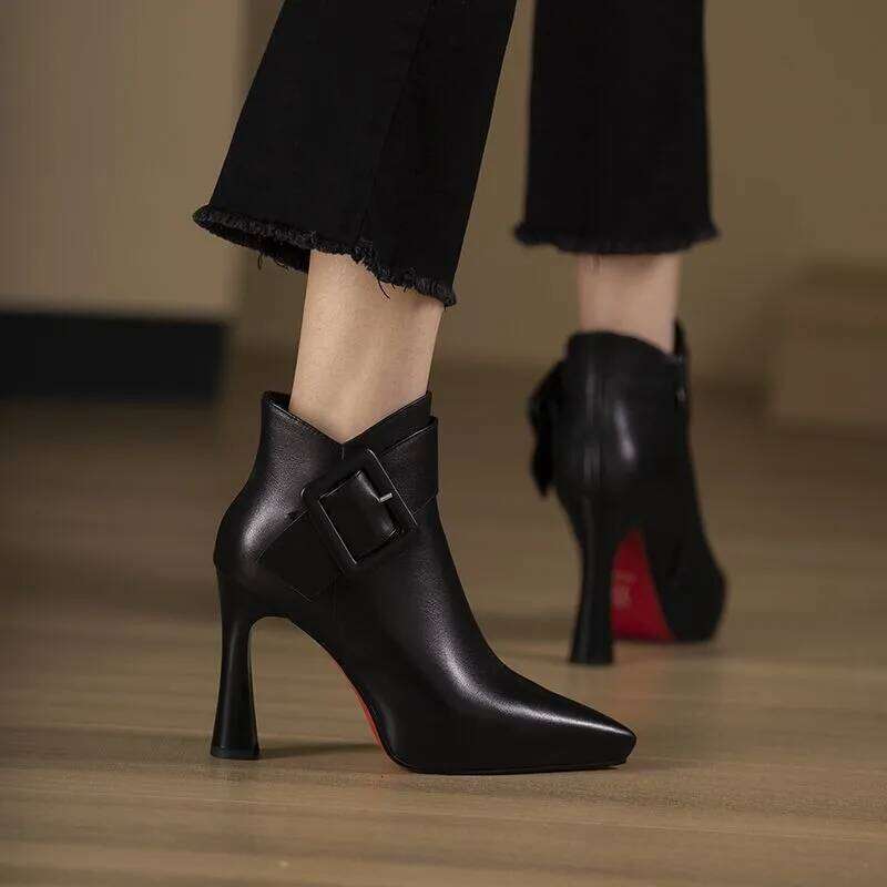 2024 Black Women's High Heels Sharp pointed anti-skid leather boots Belt buckle sexy low top shoes Casual fashion ladies pumps