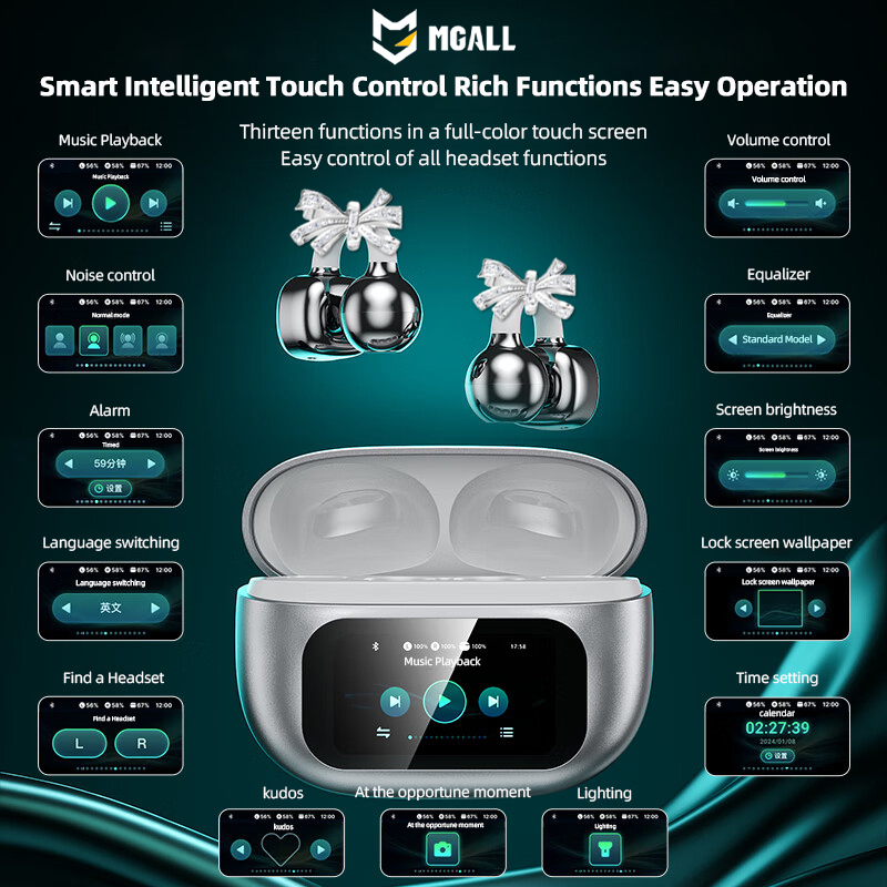 MGALL OWS Bluetooth Earphones HY-C02 Mic Noise Cancellation Stereo Sound Earbuds LCD Full Color Touch Screen Headphones Earrings Butterfly Headset Des