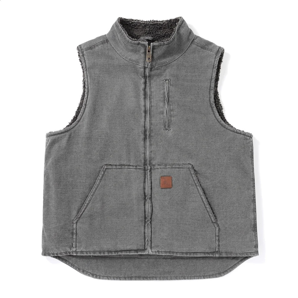 Mens sherpa lined duck cotton work vest vintage washed mock canvas hunting tactical sleeveless fleece jacket winter waistcoats 250920