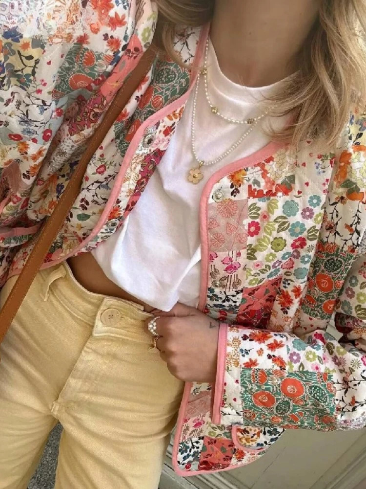 ZBZA Womens Quilted Floral Print Jacket Vintage Crew Neck Singlebreasted Double Pocket Loose Outerwear Winter Female Chic Coat 250923