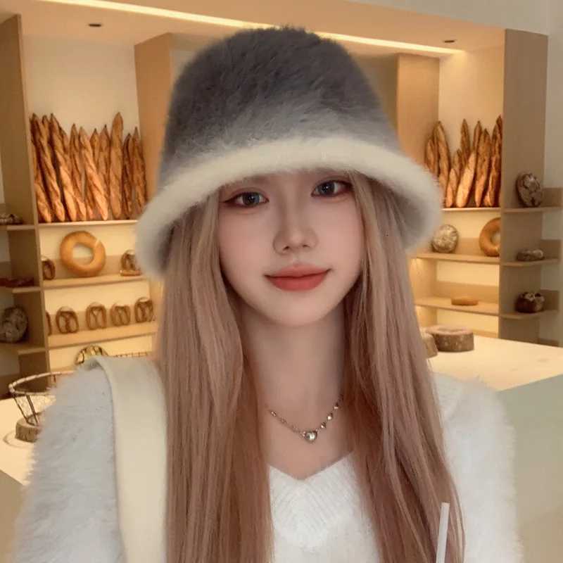 2024 Winter Hat Fem Fashion Solid Color Rabbit Fur Hat C Fishermans Hat Retro Knitted Basin Hats Y250920