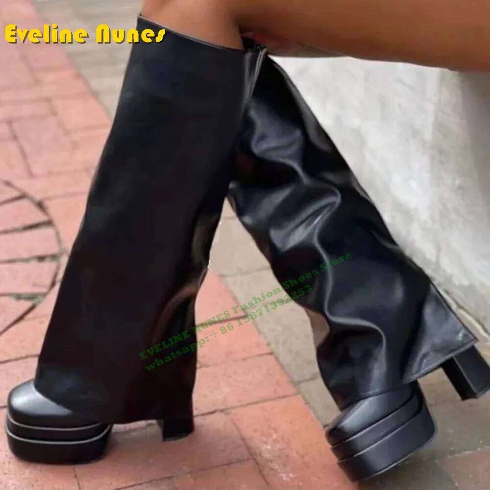 Wide Fit Overlay Chunky Heel Women Knee High Boots 2024 Winter Shoe Square Toe Solid Plus Size Pink Pull On Fashion Sexy Booties