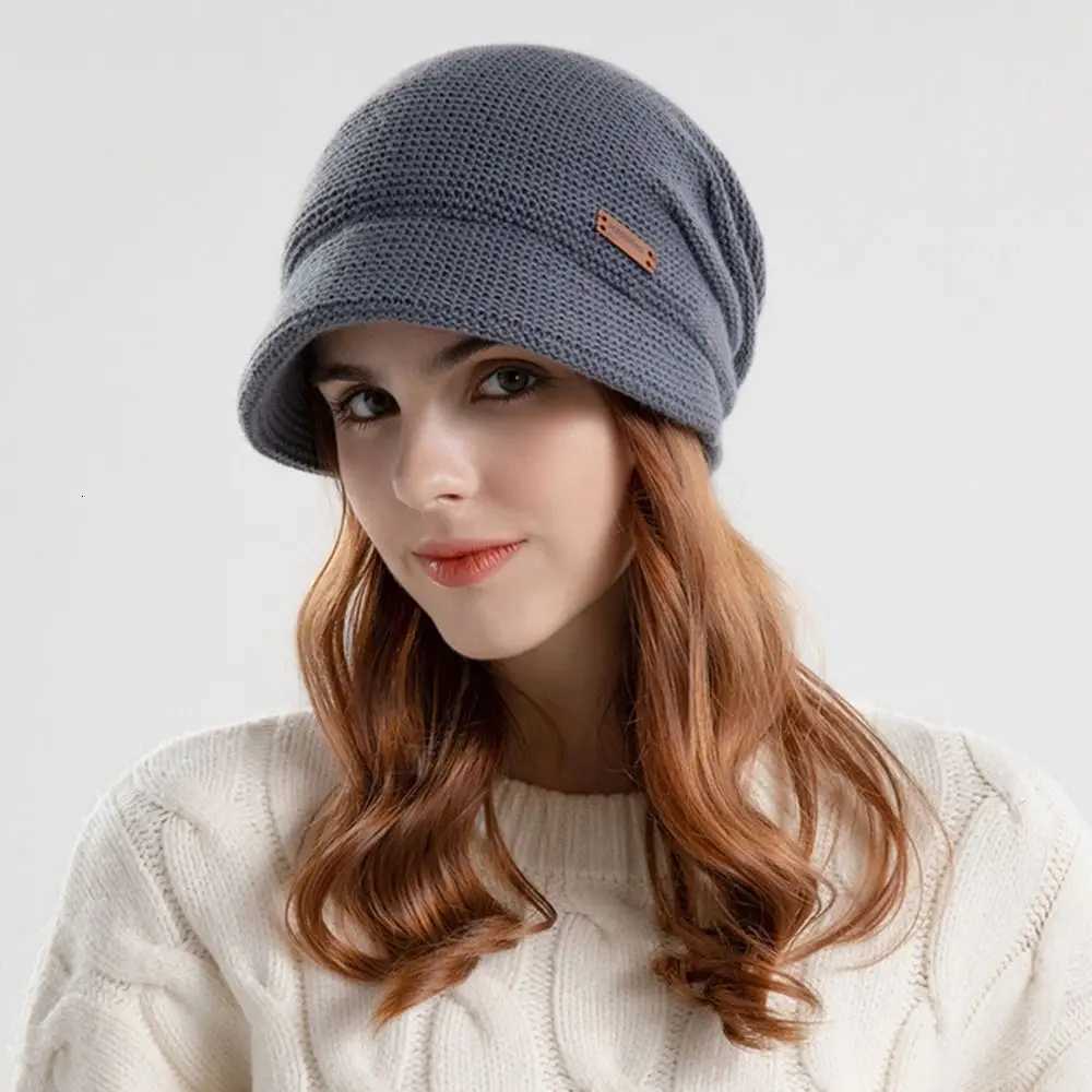 Autumn Winter Soft P Knitted Hat Wen Girl Warm Thicke Fleece Li Beanies Short Brim Casual Outdoor Windproof Bonnet Y250920