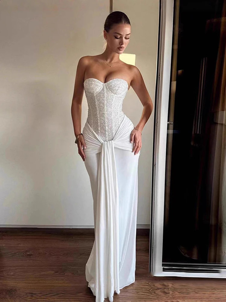 Elegant Sequin Bustier Dress Sexy Strapless Corset Top Draped Satin Lace Up Bodycon Maxi Dresses Evening Party Shining Robe 250920