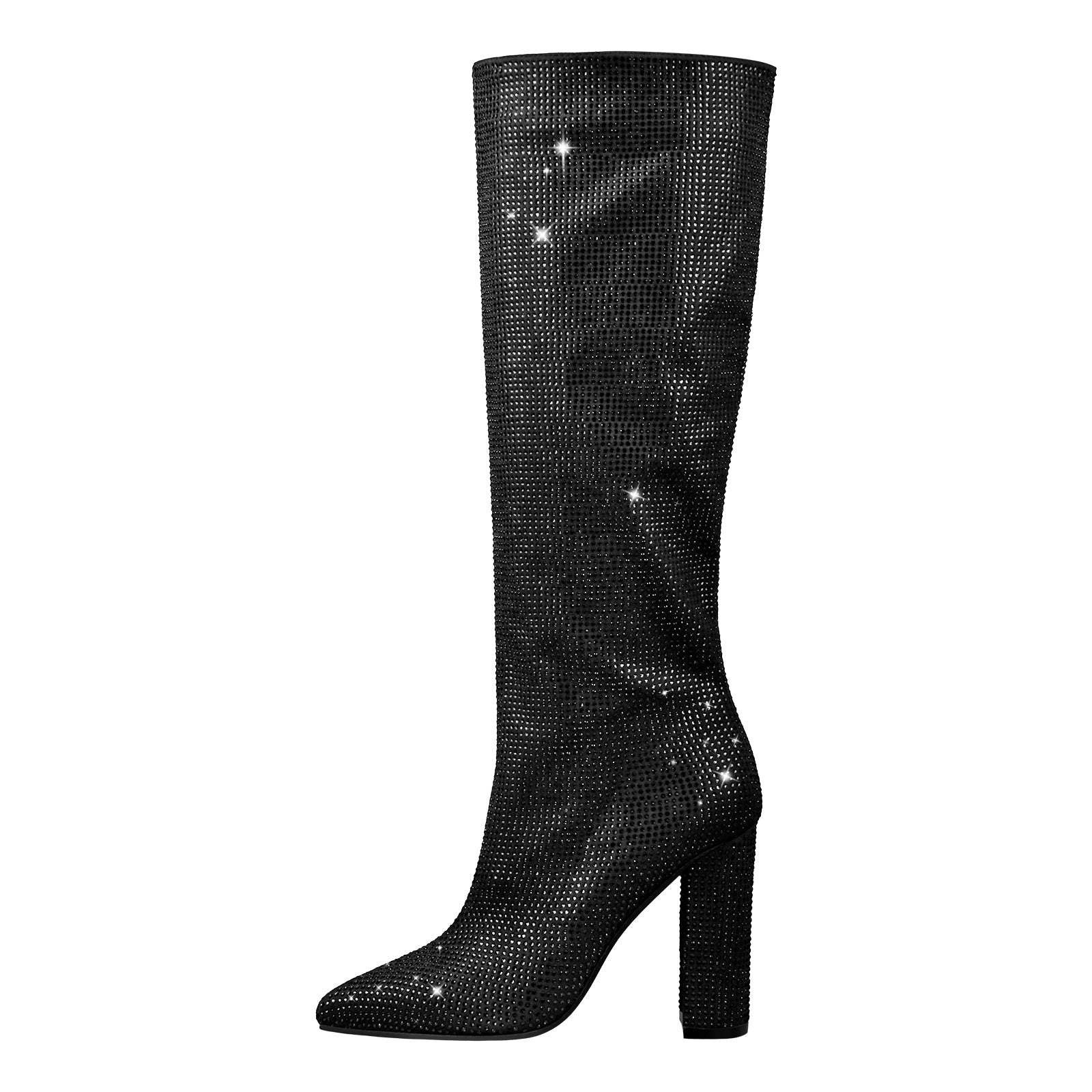 ers all rhinestone stud knee high boots crystal corner toe long boots thick high heels western cowboy boots for women 240914