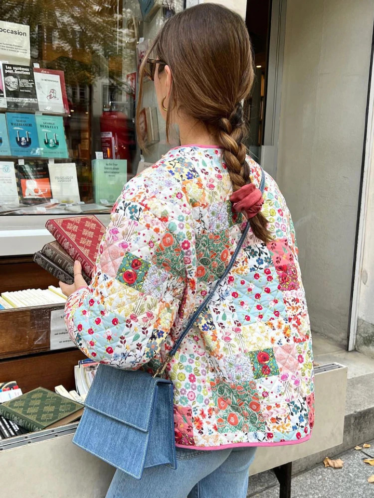 ZBZA Womens Quilted Floral Print Jacket Vintage Crew Neck Singlebreasted Double Pocket Loose Outerwear Winter Female Chic Coat 250923