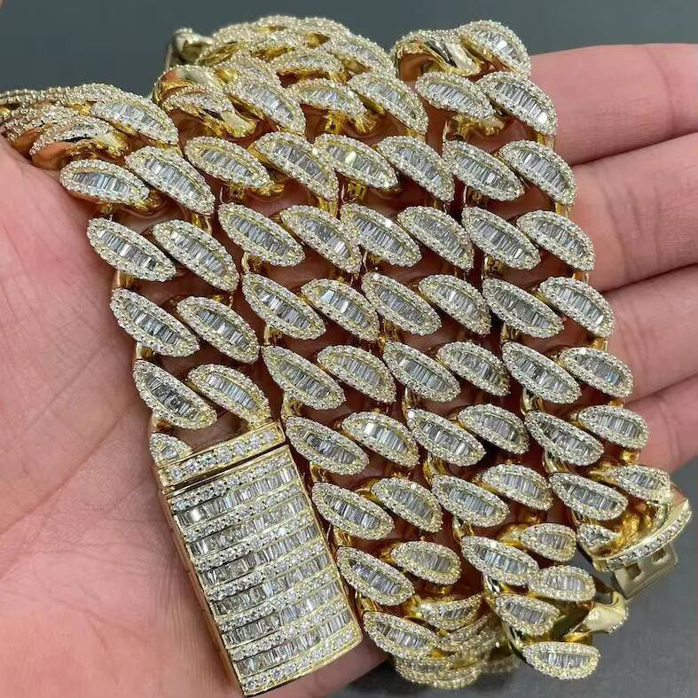 Hip Hop Fully Iced Out 925 Silver 16mm Width VVS baguette Moissanite Diamond Miami Cuban Chain Necklace