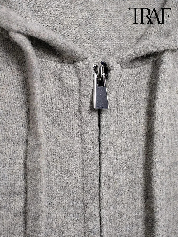 TRAF Womens Fashion FallWinter Minimalist Hooded Knit Cardigan Jacket Ribbed Hem Long Sleeve LaceUp Casual Sweater 250923