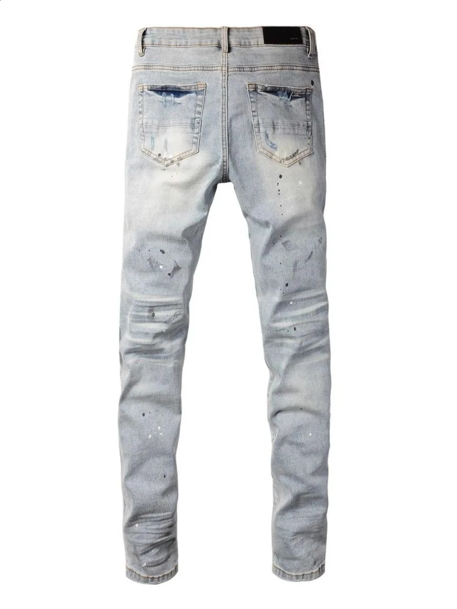 Mens Denim Jeans Trendy Hole Patch Elastic Paint Splatter Light Color High Street Slim Long Pants Casual Sle 250921