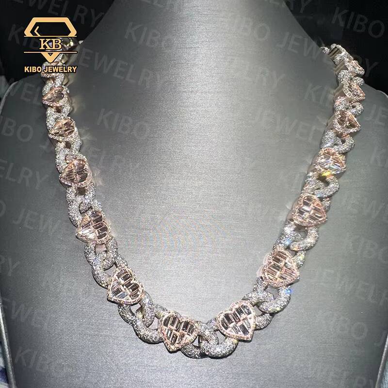 Hip Hop Chaine Jewelry VVS 925 Sterling Silver Rose White Gold Two Tones Plated 18mm Diamond Moissanite Heart Cuban Link Chain
