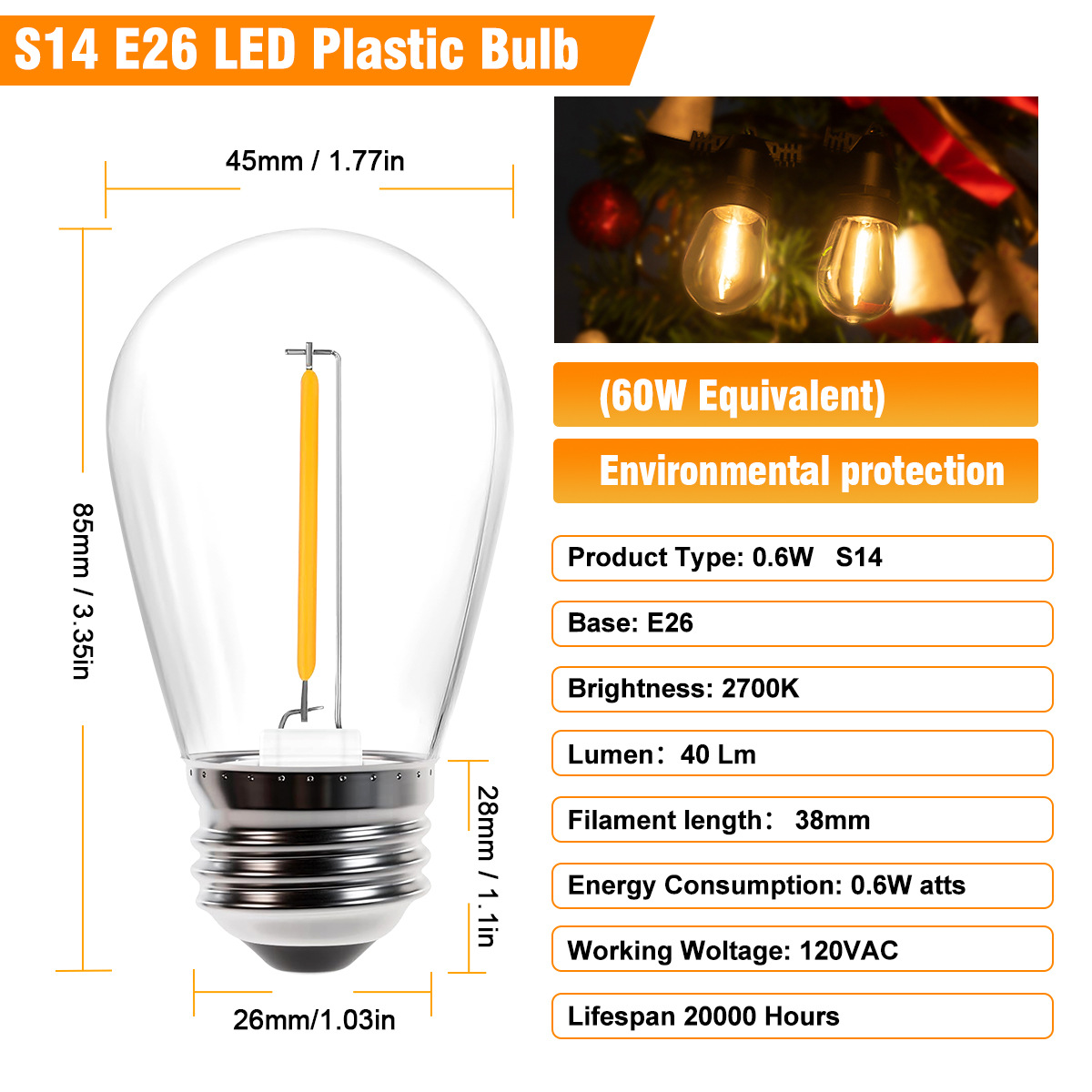 S14 E26 LED Plastic Bulb 0.6W 40LM, 60W Equivalent Warm White 2700K Decorative Light, 24-Pack Low Energy Consumption Bulbs for Sign Display Lighting-H