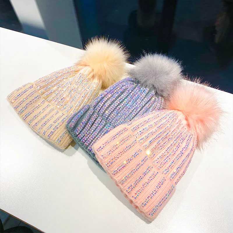 Mao Qiu Shui Diamond Striped Knitted Hat with P for Autumn and Winter Warm Woolen Hat Korean Outdoor band Cold Hat Y250920