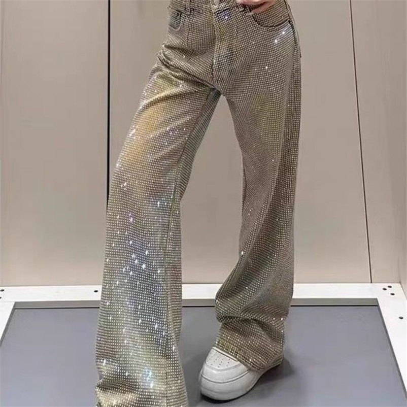 Chic Summer Spicy Girl Full Diamonds Beaded Jeans Women Starry Rhinestones Denim Pants Straight Wide Legs Crystal Cowboy Trouser 250920