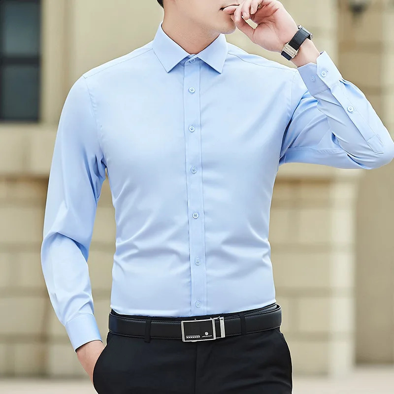 Plus Size Men Solid Color Business Shirt Fashion Classic Basic Casual Slim White Long Sleeve Shirt Clothes 250920