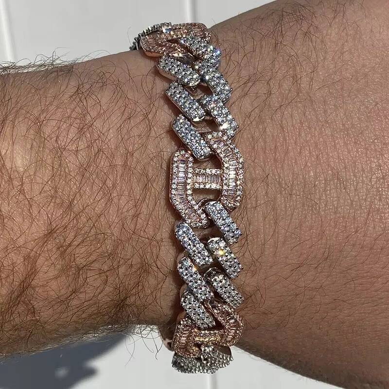 15mm Luxury Diamond Hip Hop Jewelry 925 Silver Baguette Cut Double D Moissanite Iced Out Cuban Link Bracelet