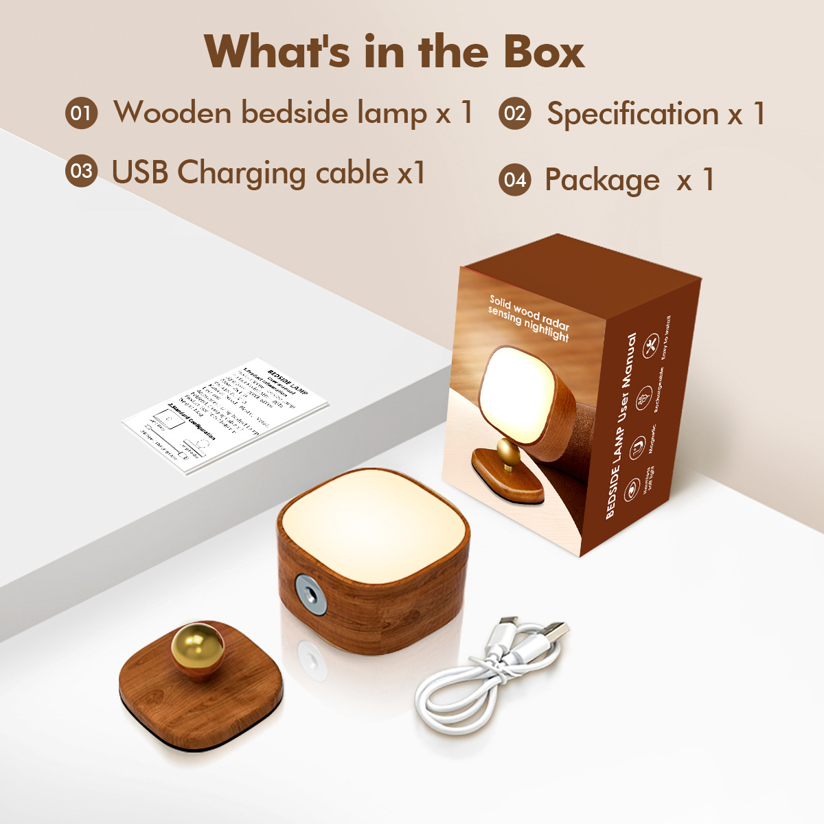 Walnut Ash Wood Radar Sensor Night Light, USB Rechargeable Touch Control Dimmable Bedside Lamp, Eye-Caring Solid Wood Nightlight for Bedroom Nursery D