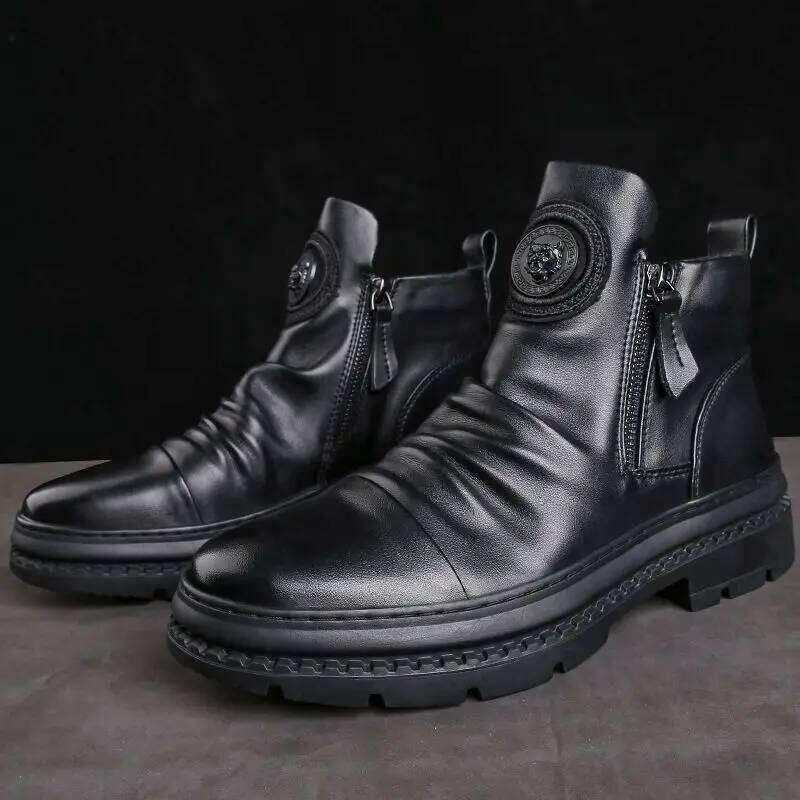 Men's Motorcycle Leather British Style Round Head High Top Shoes Side Zip Walking Casual Platform Boots Bota Masculina
