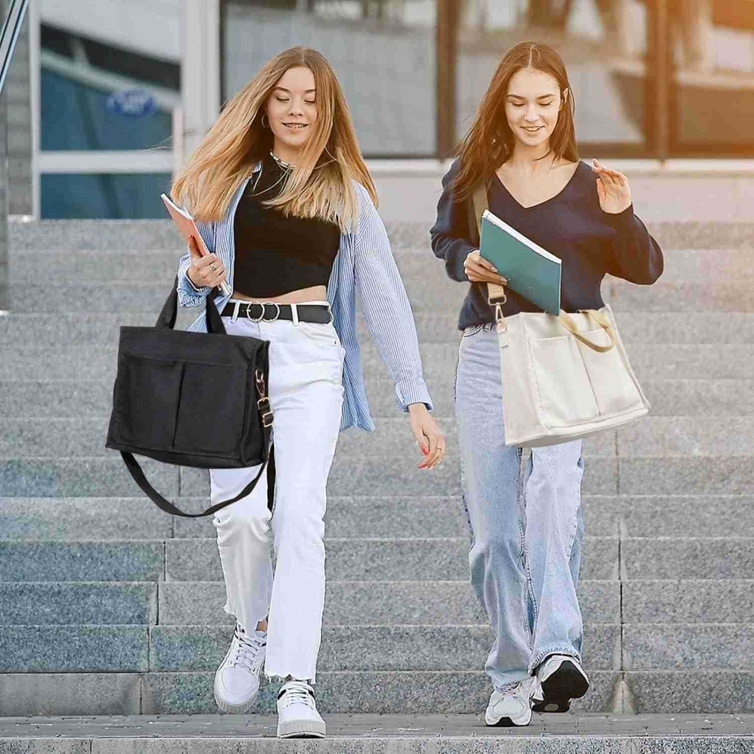 Fcolor College Tote Bag for Women Crossbody Canvas Tote Bag with Zipper 7 Pocket for Work College Teacher Nurse GiftZ250920