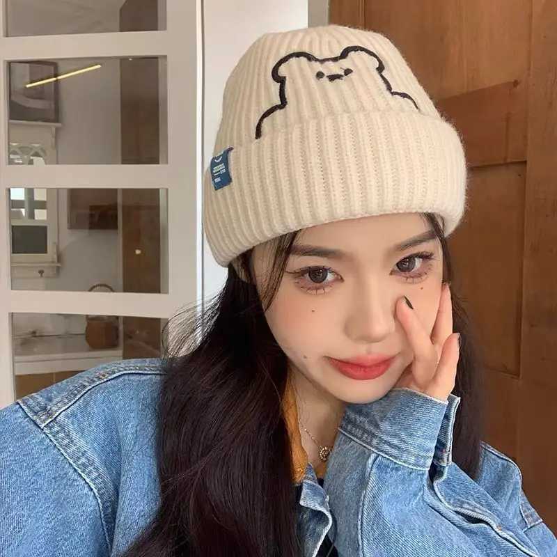 Wen Autumn Winter Warm Hat Cute Bear Embroidery Woolen Knitted Beanie Girl Solid Color Anticold Ear Protection Pr C Y250920