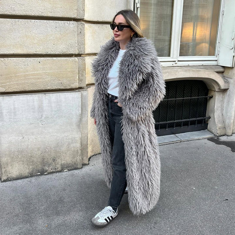 RR2868 Oversized X-Long Faux Fur Coats For Women Mongolian Fur Fluffy Women Pockets Winter Cotton Liner Fur Long Jackets 240921