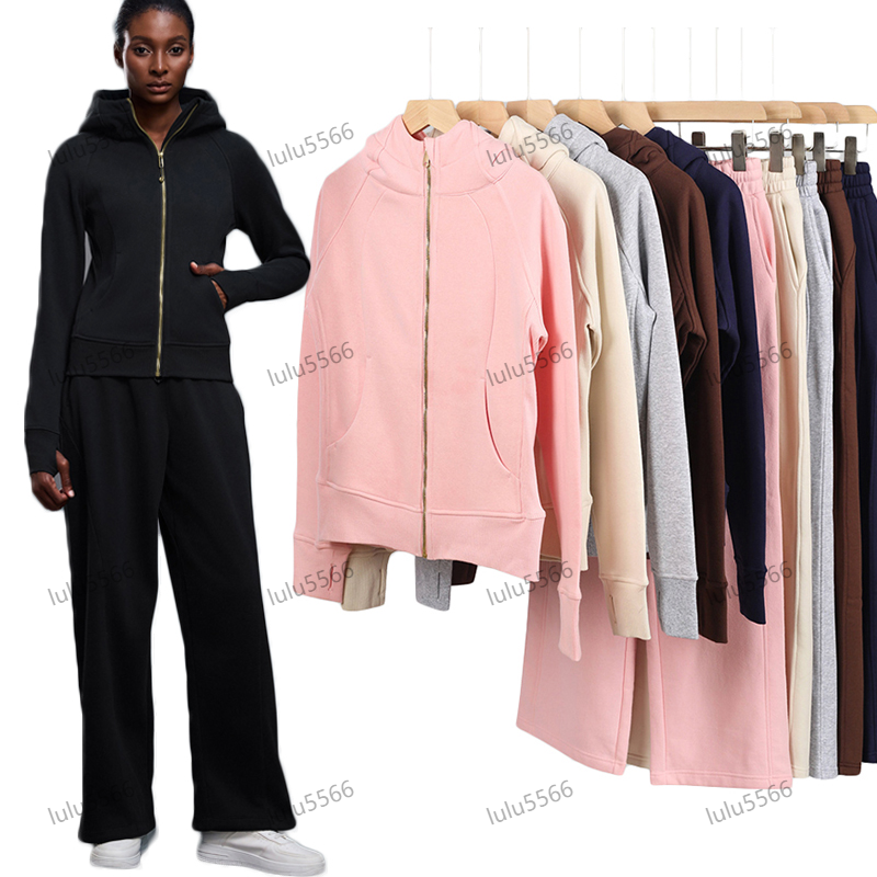 Yoga scuba full zip hoodie sweatshirt set gym clothing women loose jacket flare pants suit Slim fit jacket sportswear Outdoor Sports Jogging Hoody Thick workout sets