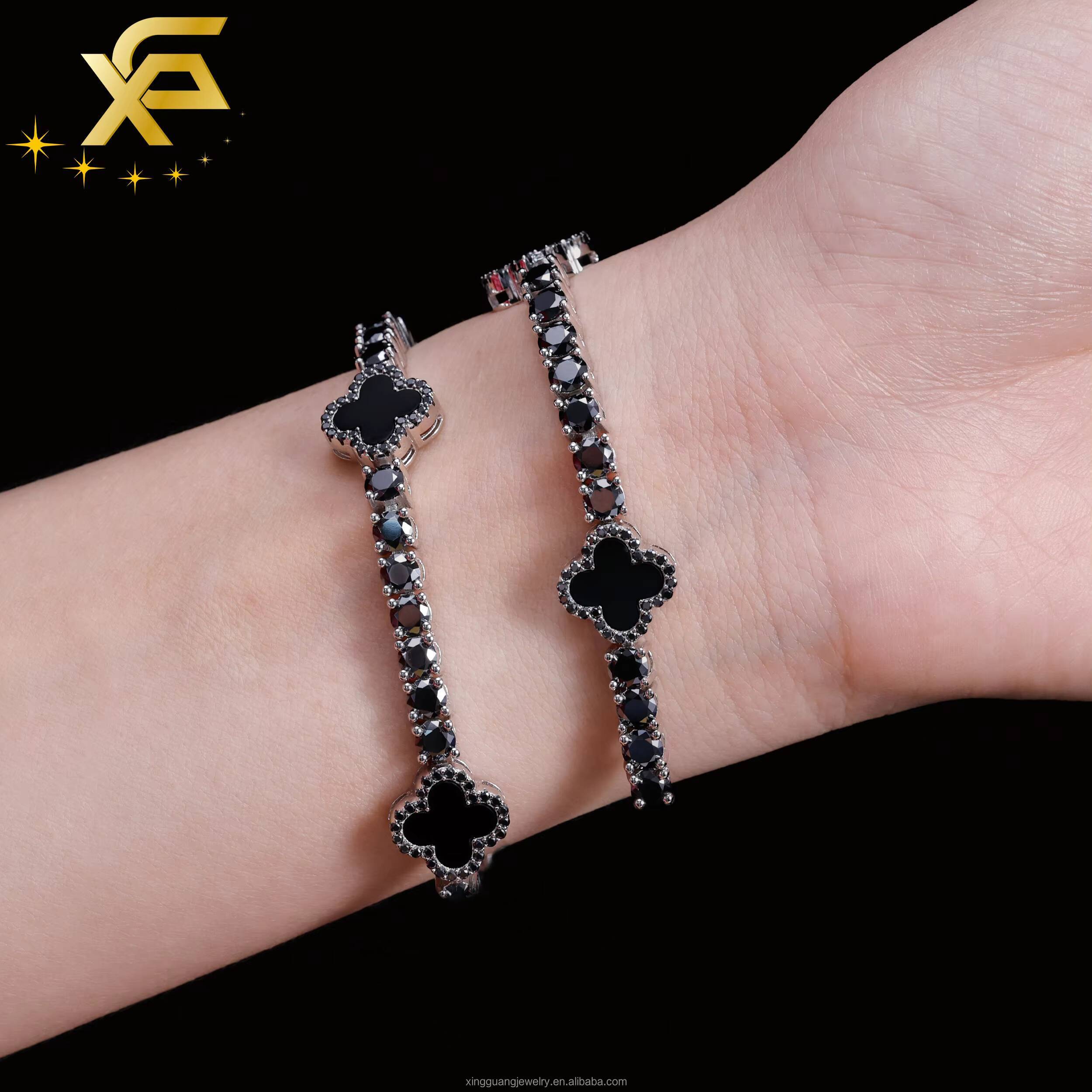 Black Color Moissanite Four Leaf Clover Bracelet S925 Silver 3mm5mm VVS Moissanite Clover Tennis Bracelet For Women