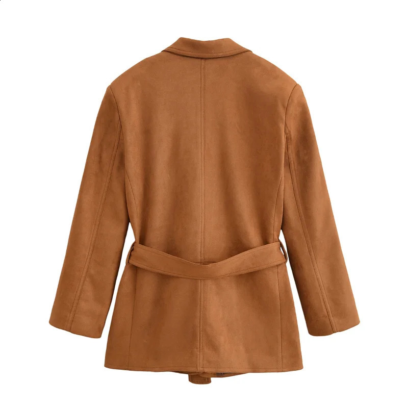 Womens Suede Jacket Solid TurnDown Collar Long Sleeve Coats Waistbelt Pockets Female Autumn Fashion Casual Outwears 250923