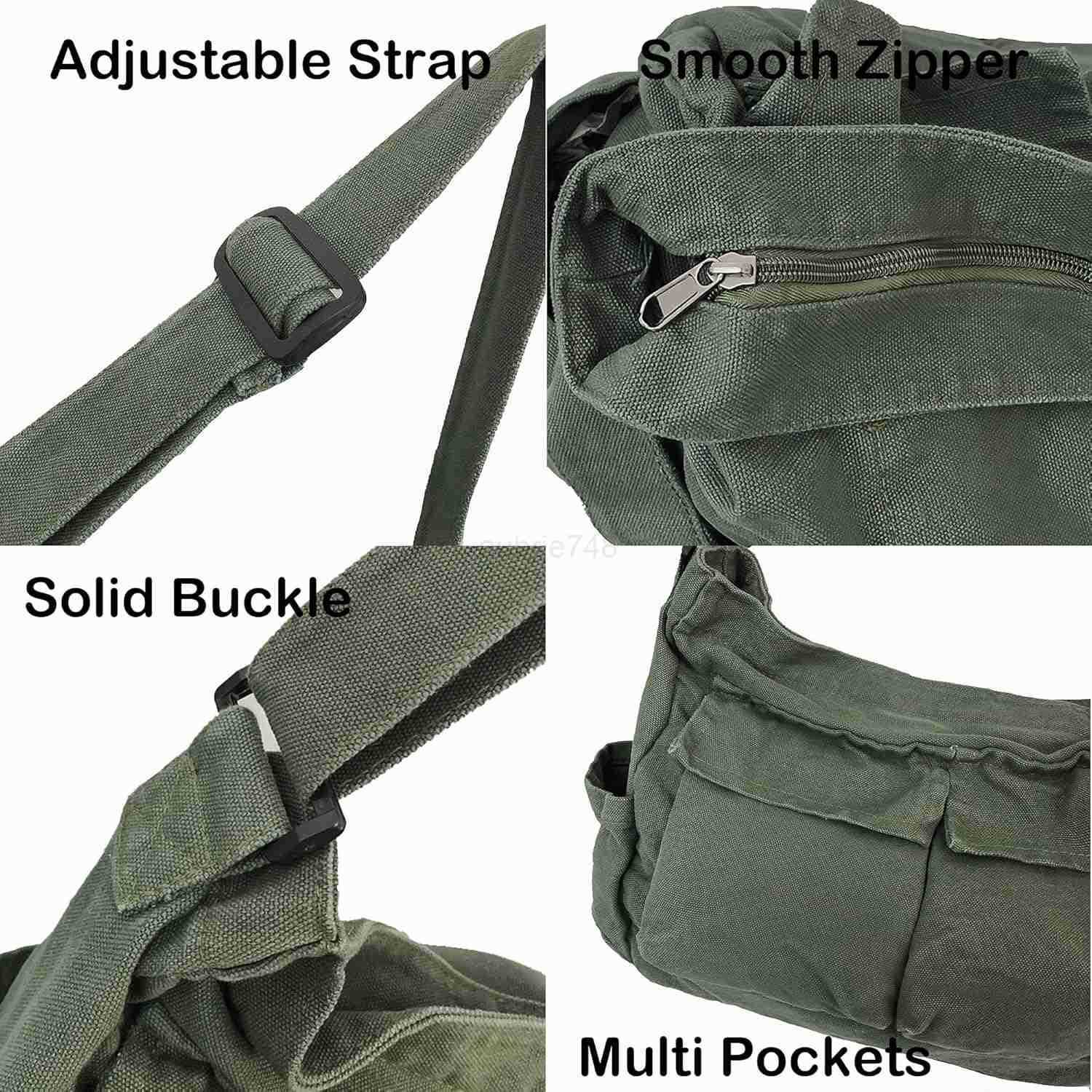 LauthenS Grunge Bag Canvas Hobo Crossbody Shoulder Tote Bag for Women and Men Large Messenger Bag with Multiple PocketsZ250920