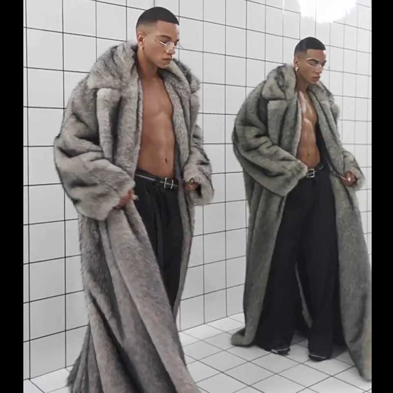 New mens fur coat fox fur lapels long trendy overcoat winter windproof and warm trench coat large size W250920