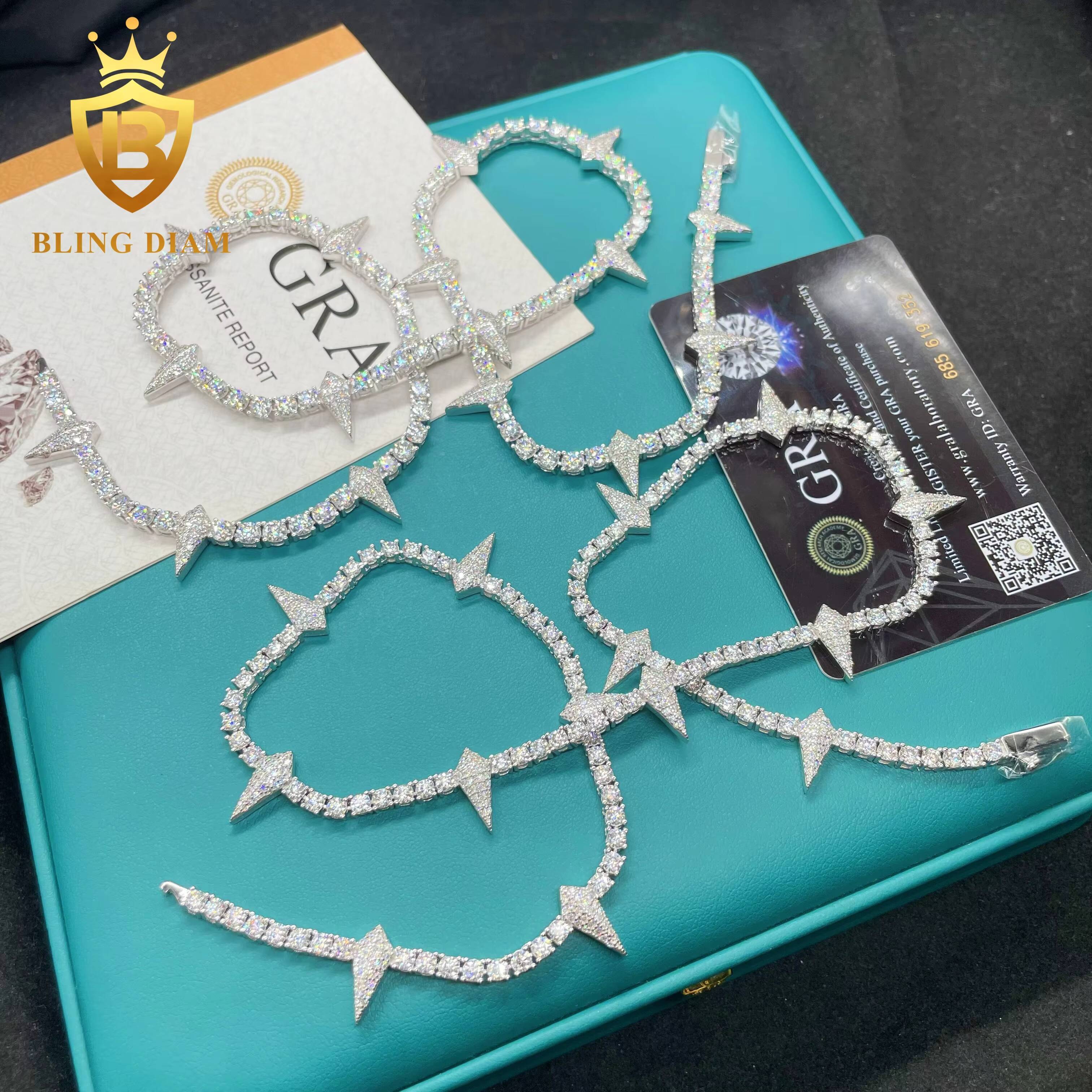New Arrival Iced Out Jewelry 3MM 4MM Tennis Chain 925 Silver Thorny Style Moissanite Diamond Tennis Necklace GRA Certificate