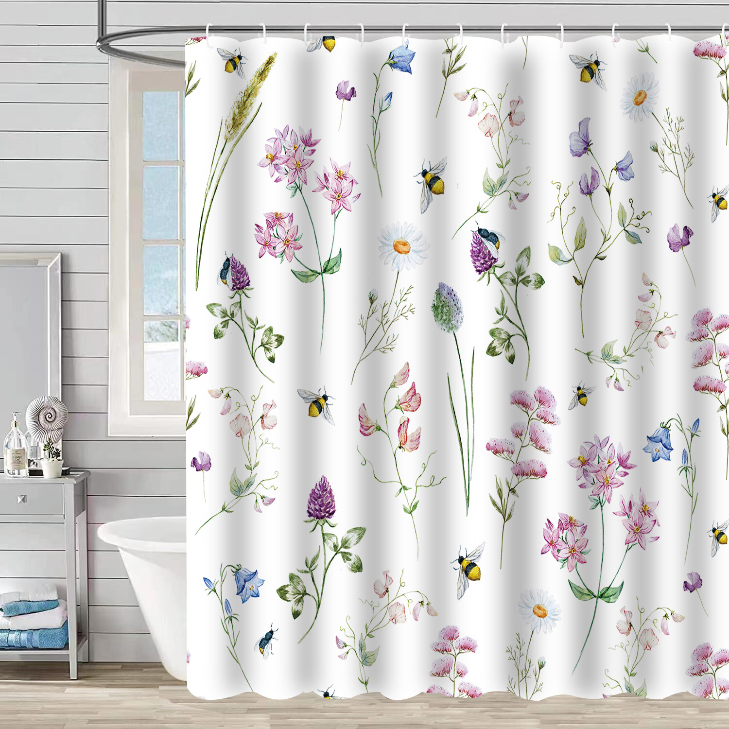 YL-37241 Waterproof Shower Curtain Hot Sale 3D Printed Tropical Jungle Plant Leaves and Flowers Season Polyester Shower Curtain with Hook