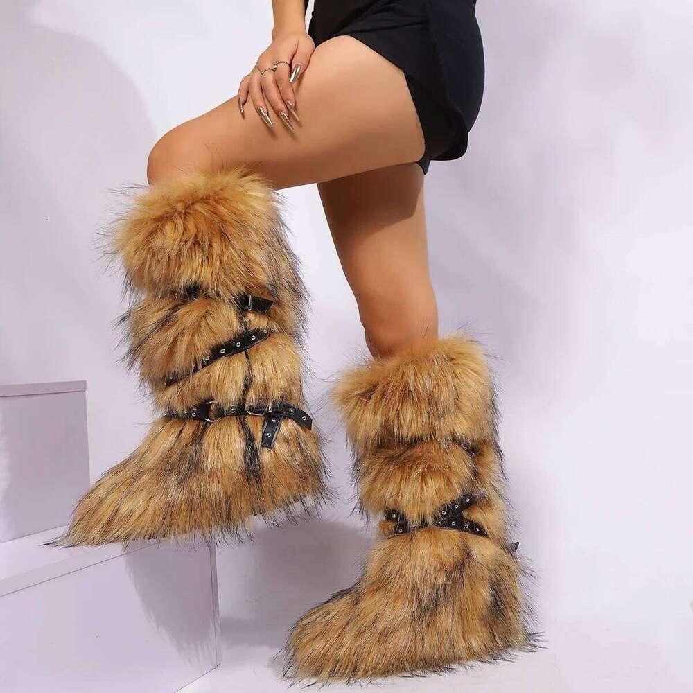 Winter Women Faux Fur Snow Warm Platform Long Cute Plush Over Knee High Boots Y2K Girls Outdoor Furry Shoes
