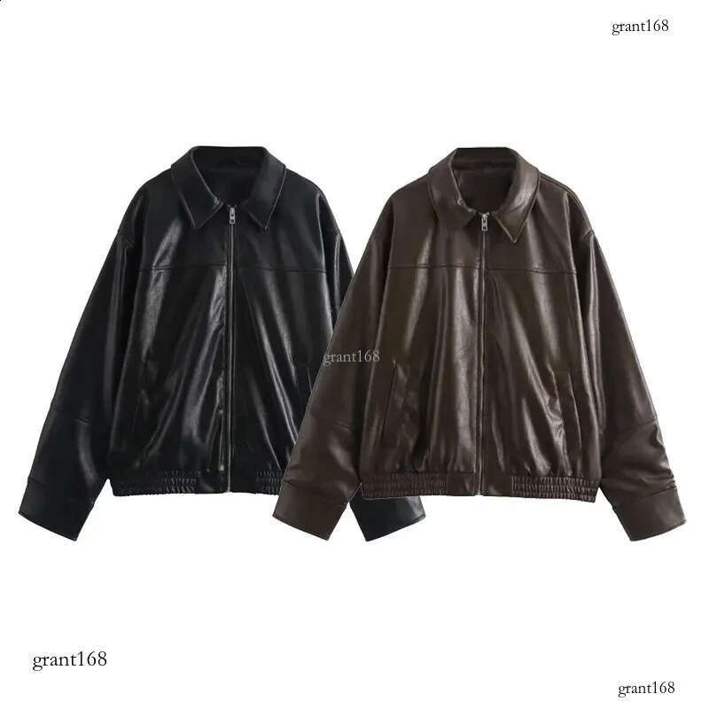 TRAF leather jacket womens autumn winter long sleeved oversized jacket womens fashionable office black brown jacket 241118