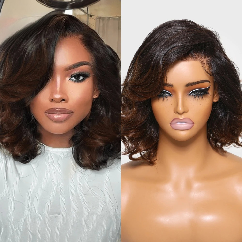 Highlight Ombre Brown Body Wave Human Hair Wigs Short Bob Lace Front Wig Preplucked Brazilian Hair Glueless Lace Front Wig Ready To Go HD Lace Wig