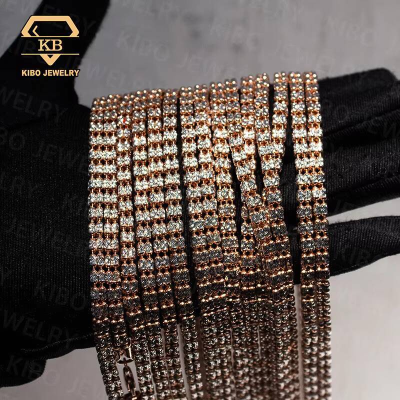 4 Row Iced Out 2 Tones 925 Sterling Silver Plain Silver Chain Ice Chain Tennis 18k Gold Plated Necklace Chain