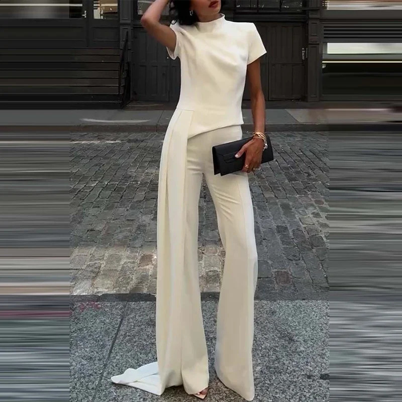 Women Elegant Commuting 2Pc Suit Fashion Stand Collar Solid Color Irregular Set Casual Short Sleeve Pullover Long Pant Outfits 250920