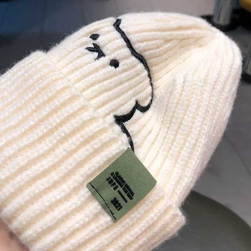 Wen Autumn Winter Warm Hat Cute Bear Embroidery Woolen Knitted Beanie Girl Solid Color Anticold Ear Protection Pr C Y250920
