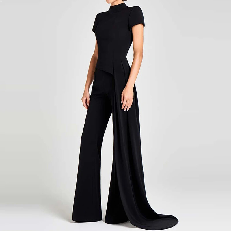 Women Elegant Commuting 2Pc Suit Fashion Stand Collar Solid Color Irregular Set Casual Short Sleeve Pullover Long Pant Outfits 250920