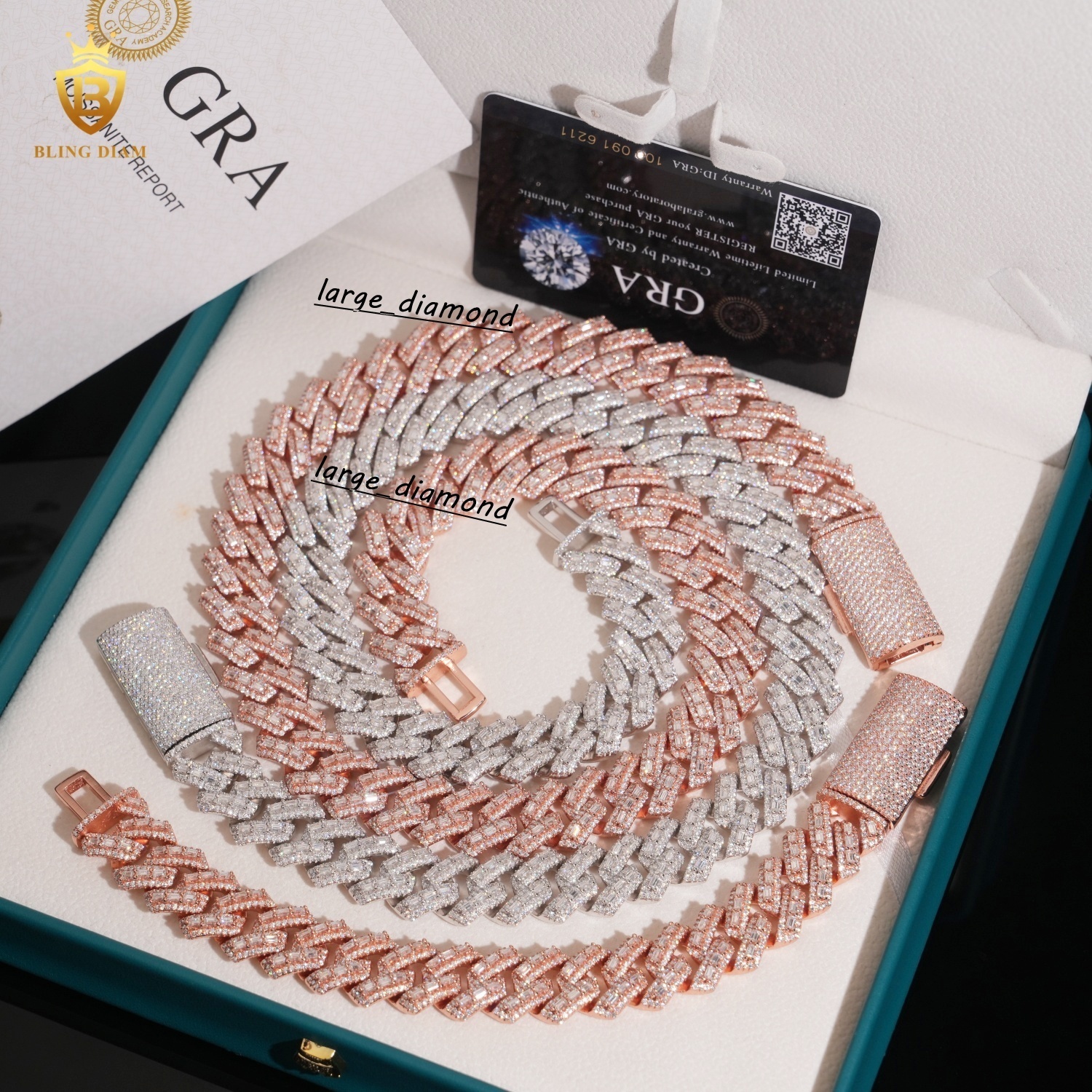 16mm Hip Hop Jewelry 925 Sterling Silver Rose Gold Vvs Moissanite Baguette Iced Out Mini Cuban Link Chain Bracelet Necklace