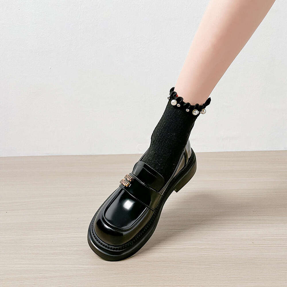 Weiwei Girl 969-5 Thick-Soled Loafers for Women, Slip-On British Style, Small Leather with Chunky Heels, Black Single Shoes