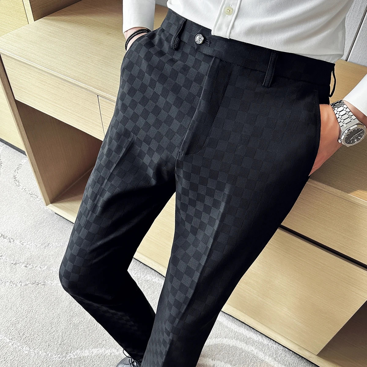 Men Casual Plaid Suit Pants Fashion Mens Slim Fit Business Social Dress Pants Formal Wedding Social Party Male Trousers 250919