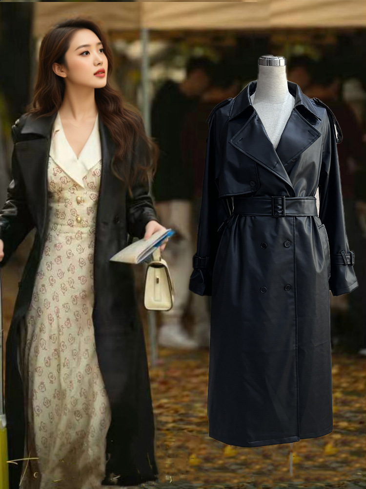 X-Long Leather Trench Coats for Women Slim Belt Waist Back High Cut Up Long Sleeve Chocolate Synthetic Leather Jacket RR 241025